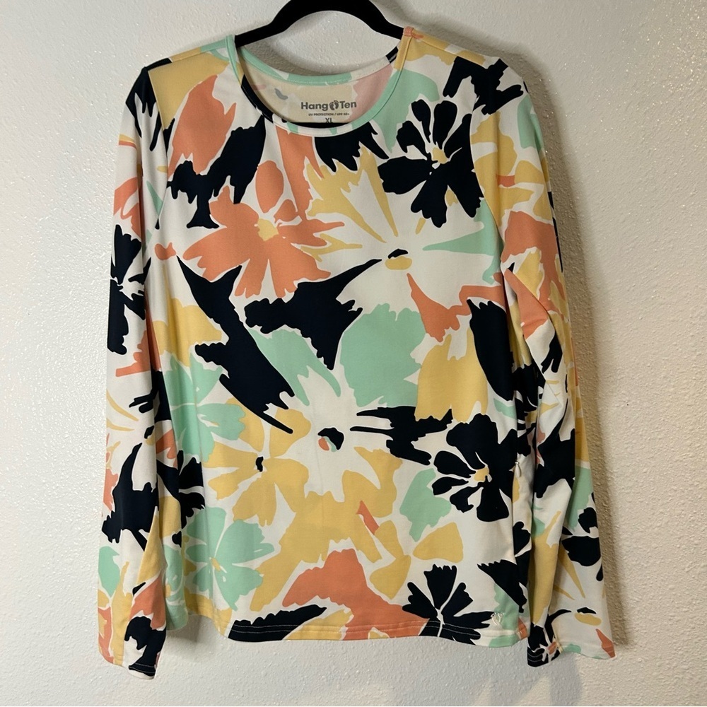 Hang Ten Long Sleeve Floral Crewneck Top in Black, Mint, Peach, Yellow, White